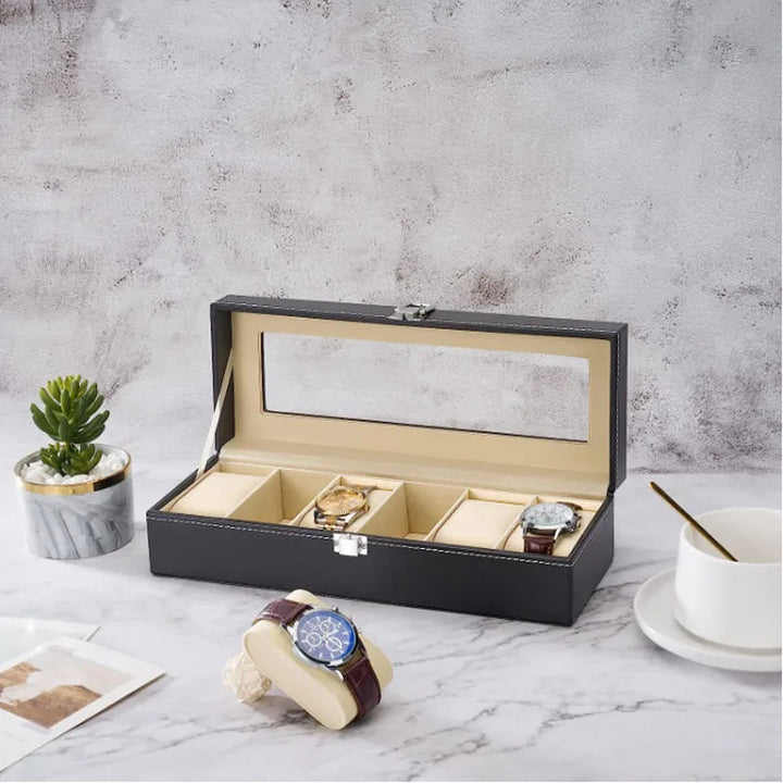 6 Slot PU Leather Watch Box Display Case Jewelry Organizer with Glass Top Design & Casa 