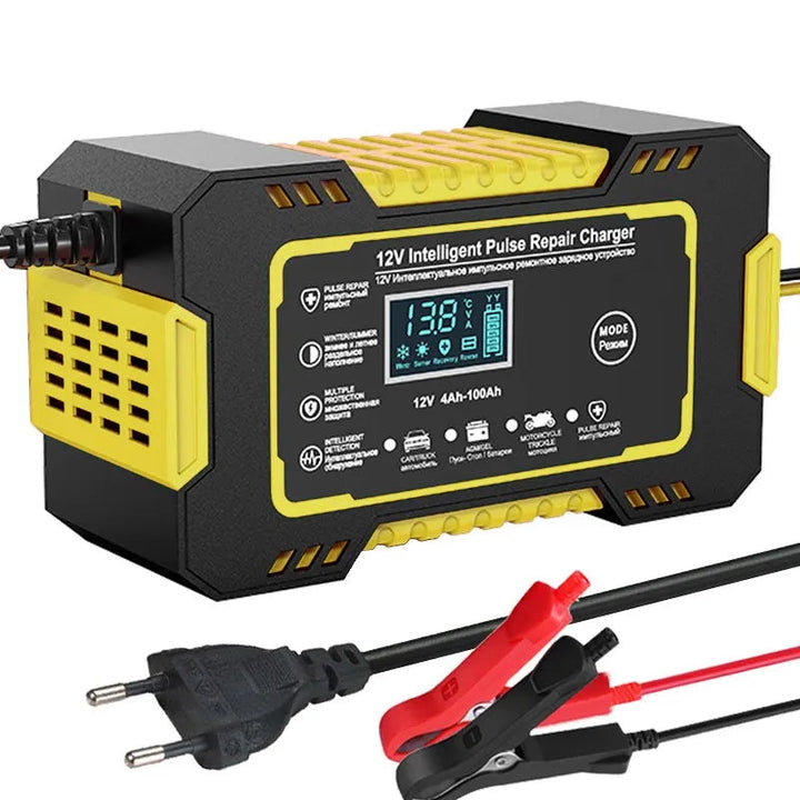 Car Battery Charger 12V 6A Pulse Repair LCD Display Smart Fast Charge AGM Deep Cycle GEL Lead-Acid Charger For Auto Motorcycle Design & Casa Yellow 