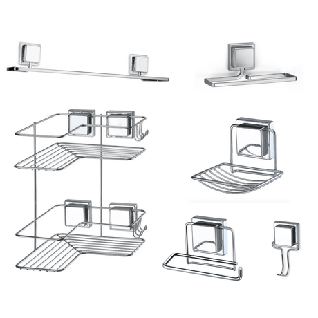 Kit para Banheiro Completo Ventosa Sem Furos 6pcs Prateleira para Banheiro de Canto Com Fixação por Sucção Ventosa Design & Casa Kit 6 pcs 