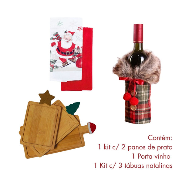 Kit Petiscos - Tábua de Frios 3pcs + Capa para Vinho + Bomboniere Presente Tábua de Carne com Decoração Natalina Design & Casa 