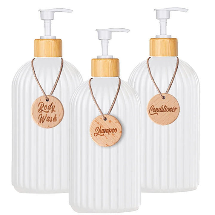 Strip Soap Dispenser with Bamboo Pump Refillable Shampoo Conditioner Hands and Dishes Soap Dispenser Bottle for Kitchen Bathroom Design & Casa 3pcs white 