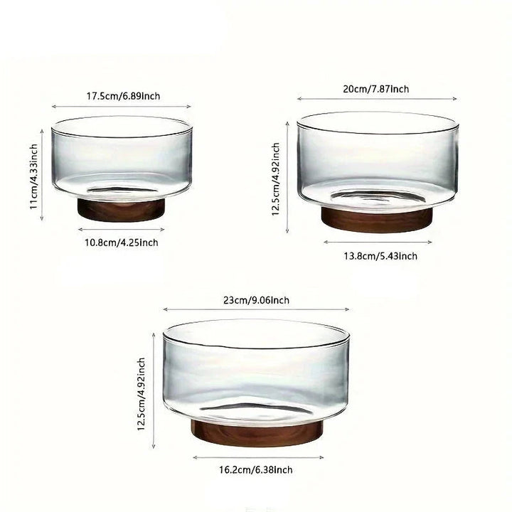 Tigela De Vidro Saladeira Com Base De Madeira Coleção Cozinha - Tigela De Vidro Saladeira Com Base De Madeira LightHousi 